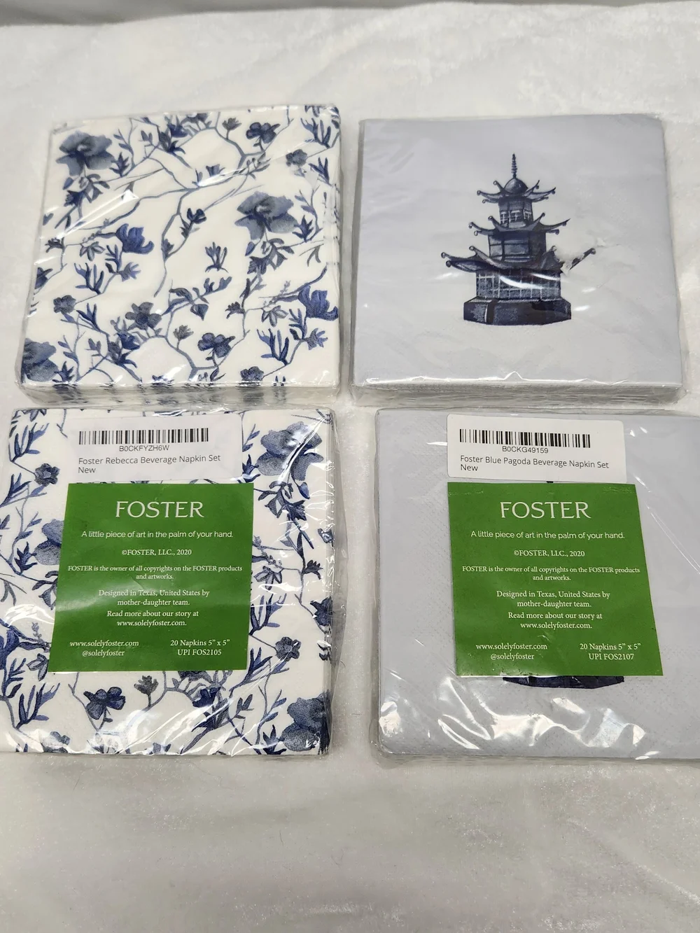 Foster Blue Floral & Pagoda Beverage Napkin Set - Foster - Blue/White